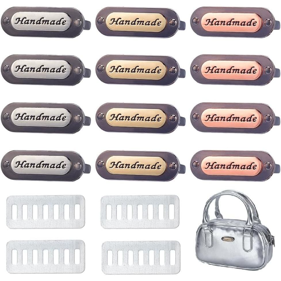 WEBEEDY 12 Conjuntos de Etiquetas de Metal Feitas à Mão com Base, Etiquetas para Bolsas de Crochê Feitas à Mão para Arte