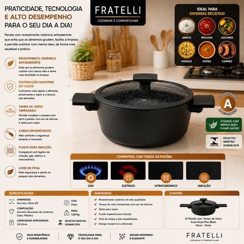 Panela Antiaderente Max Black 20cm Com Tampa Vidro Dupla Alca Preta Duravel Resistencia Alta