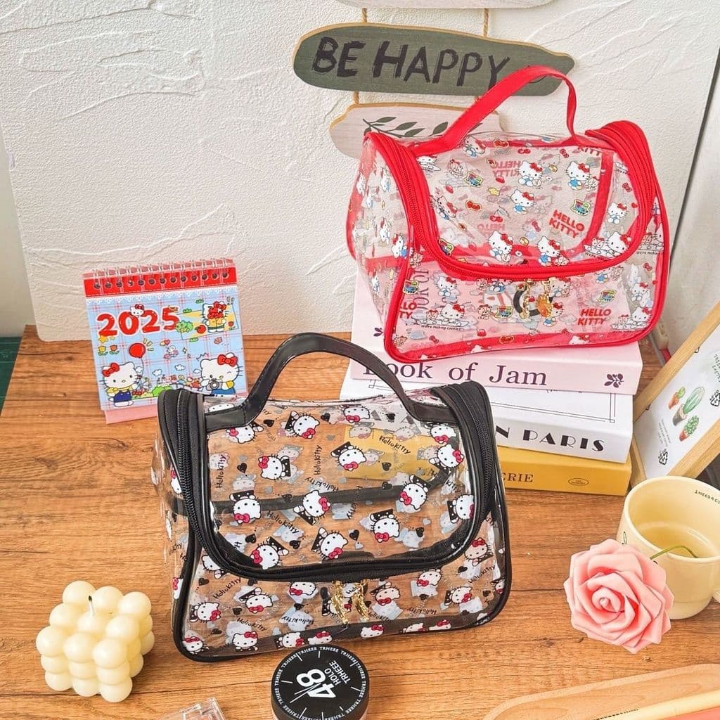Nova Bolsa de Maquiagem Transparente Criativa com Tema da Hello Kitty, Grande Capacidade, Bonita e Portátil para Meninas
