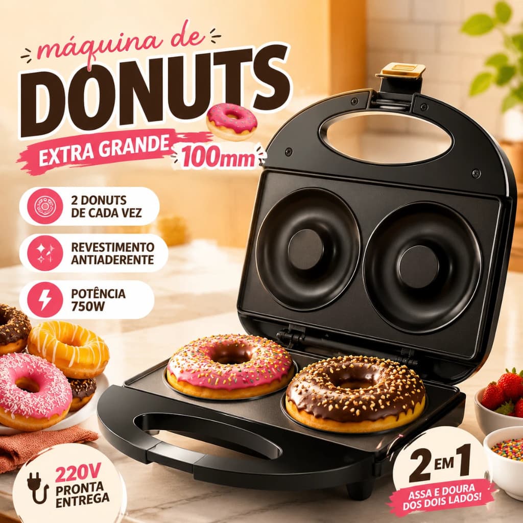 Máquina De Donuts Extra Grande 100mm 2 Em 1 750W Antiaderente Para A Cozinha 220V
