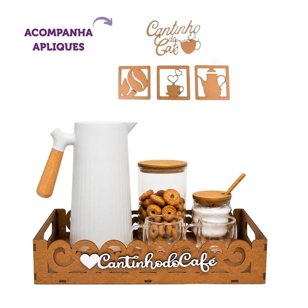 Conjunto Cantinho Do Café Bandeja Apoio Organizadora + Apliques Café Decorativo Para Garrafa Xícaras