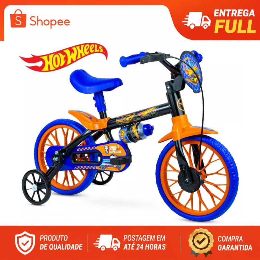 Bicicleta Infantil Hot Wheels Aro 12 Nathor com Rodinhas Menino 3 a 5 Anos