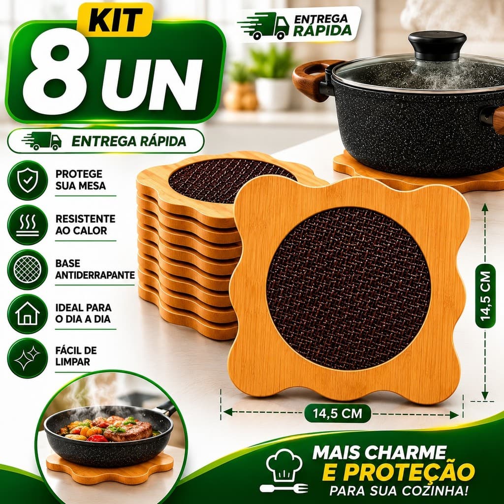 Kit Descanso Panelas Bambu Apoio Panela Assadeiras Quente 14,5Cm Protege sua Mesa Fácil de Limpar