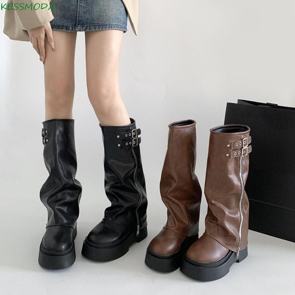 Botas Femininas De Motociclista Kesselmanmoda , Plataforma Com Fivela De Cinto , Altas Até O Joelho Longas Harajuku