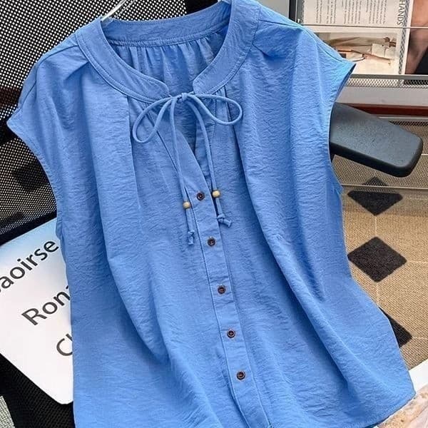 Camisa azul rendas Klein sem mangas tamanho grande cor sólida verão Cardigan camisa de fundo mais magro olhar camisa sup