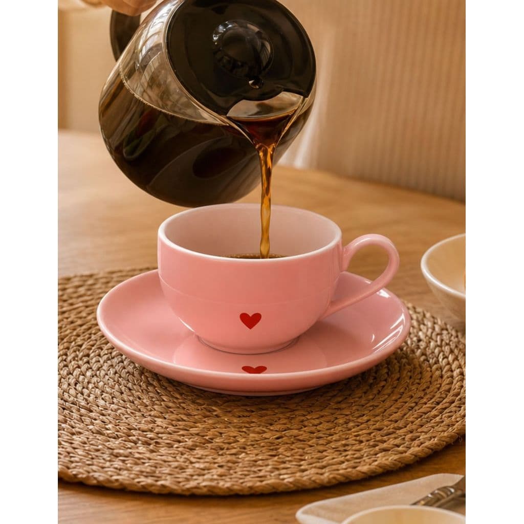 Conjunto Jogo de Xícaras com Pires Porcelana Café Chá Kit 6 Peças 90ml Rosa Louça Elegante Moderna