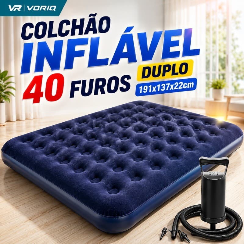 Kit Colchao Inflavel Casal ou Solteiro de Ar Suporta 200kg + Bomba de Ar de Pé Ar Embutida Aveludado Multiuso Camping