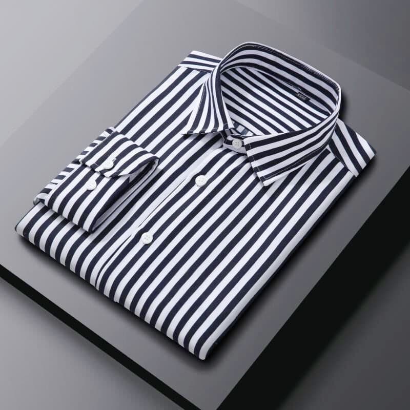Camisa Masculina de Verão com Gola Listrada, Botões, Manga Longa, Tamanho Grande, Casual 381 5413