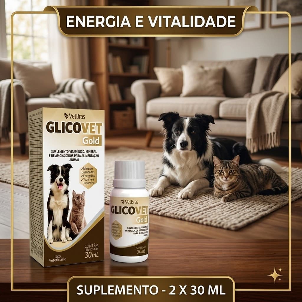 💧 Suplemento Vitamínico Mineral Aminoácido Cães Gatos Filhotes Apetite Glicovet Gold 30ml Kit 2 🐾