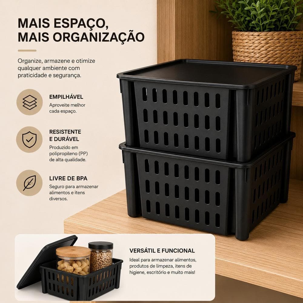 Organizador Empilhavel 7,4L Com Tampa Preto Caixa Vazada Com Alca Cesto Multiuso Guarda Roupas Cozinha Banheiro