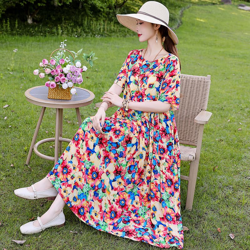Vestido jovem de seda de algodão elegante mãe vestido de praia fino de manga curta