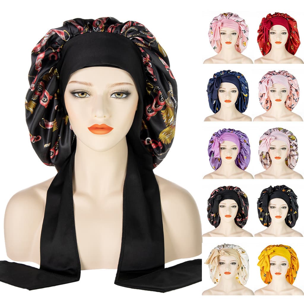 [Estoque pronto] Venda quente novo estilo de aba larga de cauda longa Extra grande touca de banho moda impressão feminin