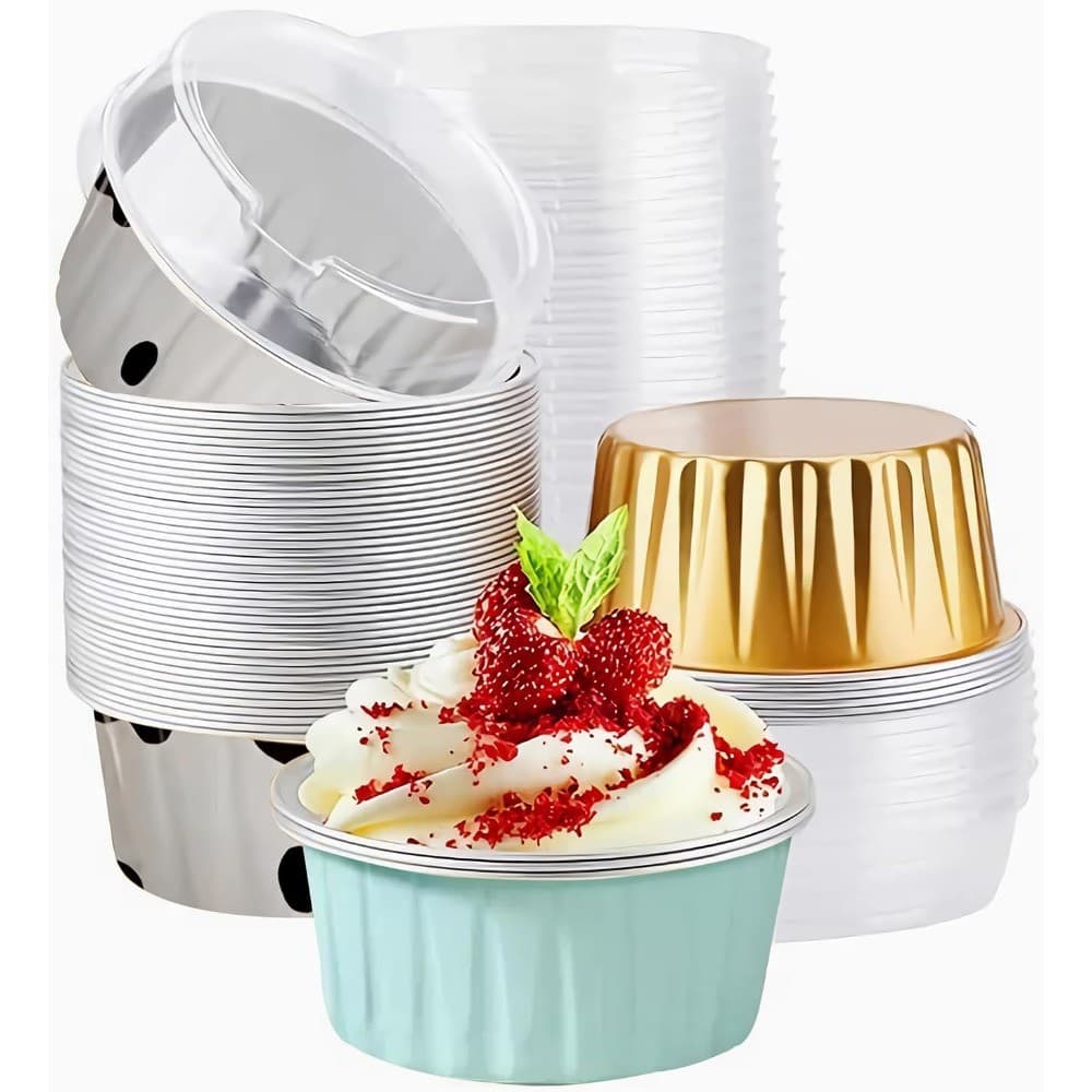 Copos De Cozimento De Folha De Alumínio Com Tampas Descartáveis Sobremesa Ramekins Mini Forros De Cupcake Para Cheesecak