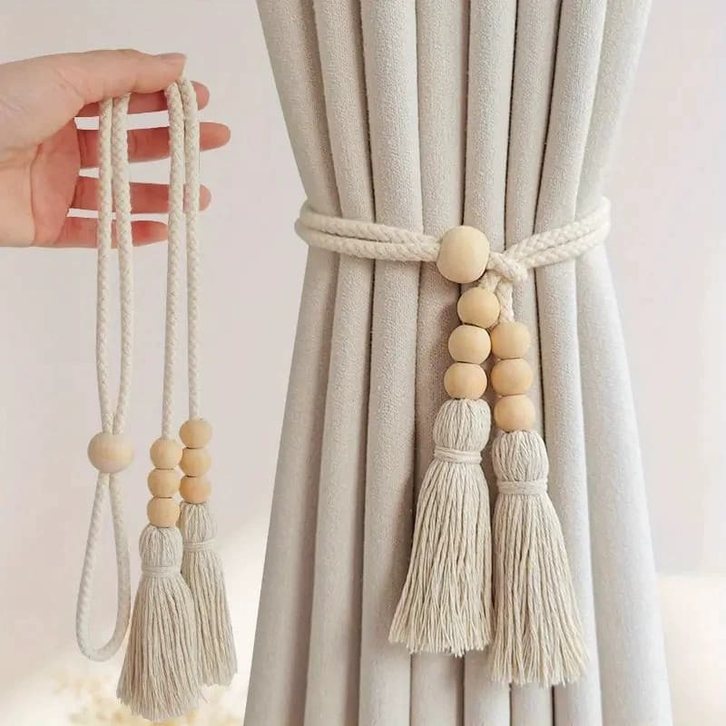 Amarrações de cortina em estilo boêmio, com ganchos de madeira com borlas, adequadas para a sala de estar, Quar CGLC