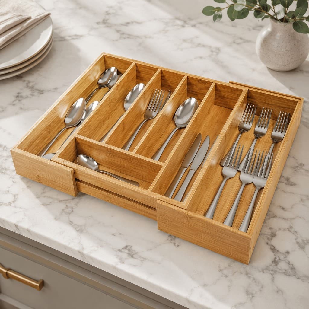 Porta Talheres Extensível Organizador de Gaveta MDF – Divisórias Ajustáveis 5 a 7 Compartimentos para Cozinha