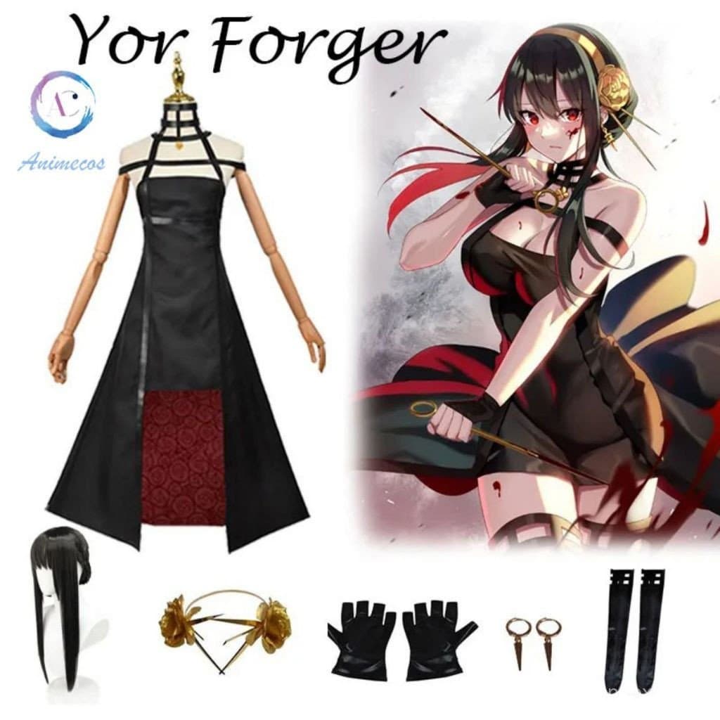 Fantasia de Cosplay Yor Forger Anime Spy X Family Cosplay Yor Briar Assassin Conjunto de Vestido Gótico Preto e Vermelho