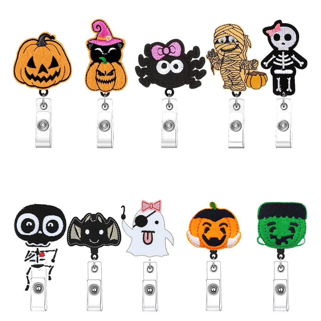 [Estoque pronto] Halloween abóbora crânio feltro bordado fantasma aranha retrátil rotativo fácil puxar carretel de crach