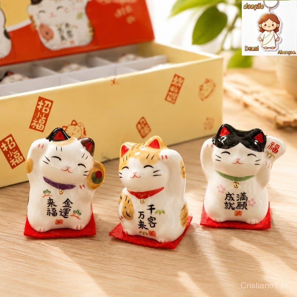 Gato Da Sorte Maneki Neko Cerâmica Decorativo Feng Shui Prosperidade