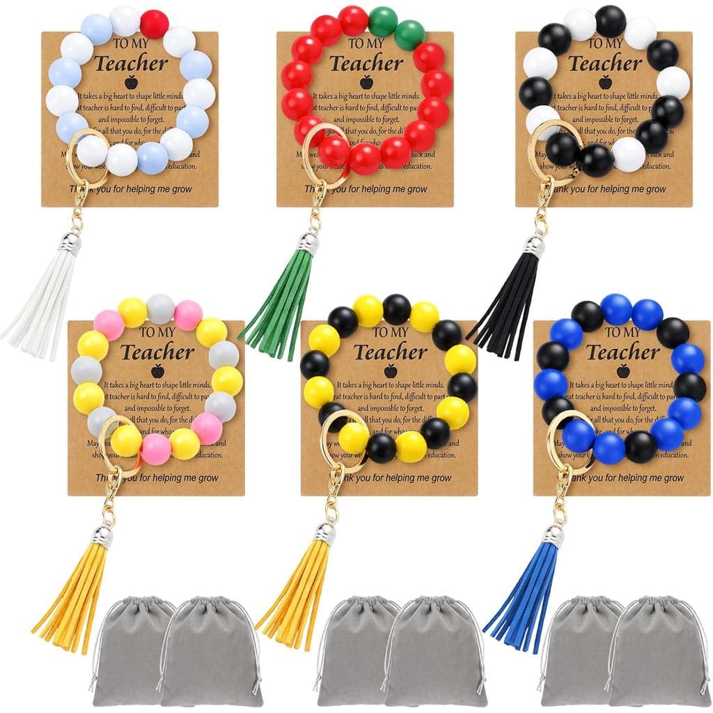 Nosiny 6 Conjuntos de Presentes para Professores de Volta às Aulas, Pulseiras de Silicone com Contas, Chaveiros, Pulseir