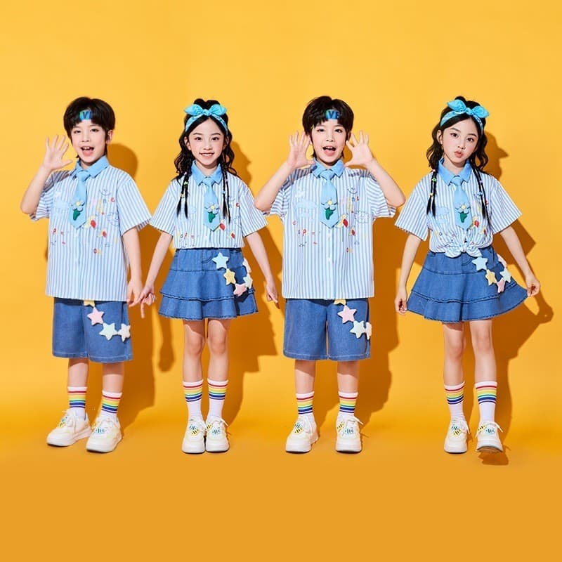 Dia das crianças trajes das crianças estudantes da escola primária jogos Cheerleading camisas azuis uniformes de classe
