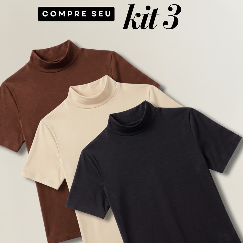 Kit 3 Blusas Feminina Gola Alta Manga Curta Básica Casual
