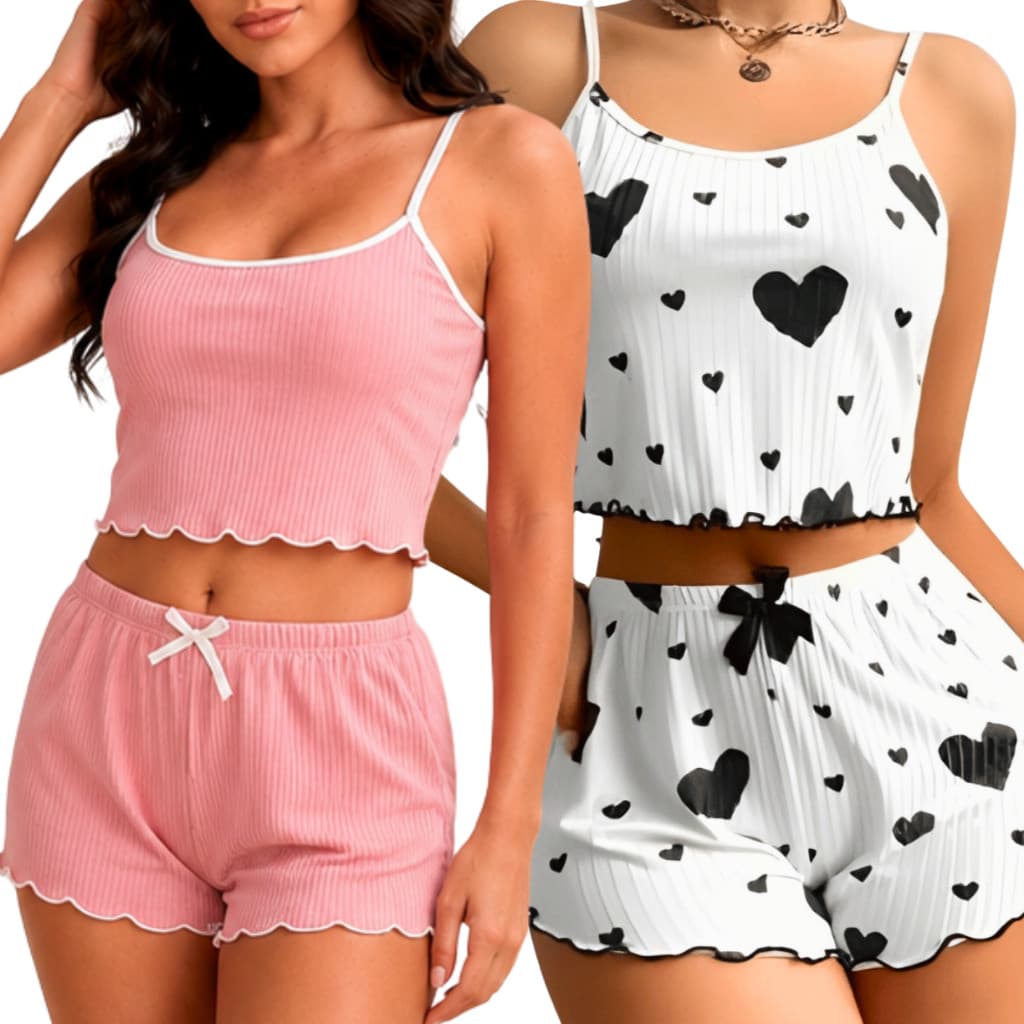 Kit 2 Pijamas Baby Doll Feminino Canelado Liso e Estampado