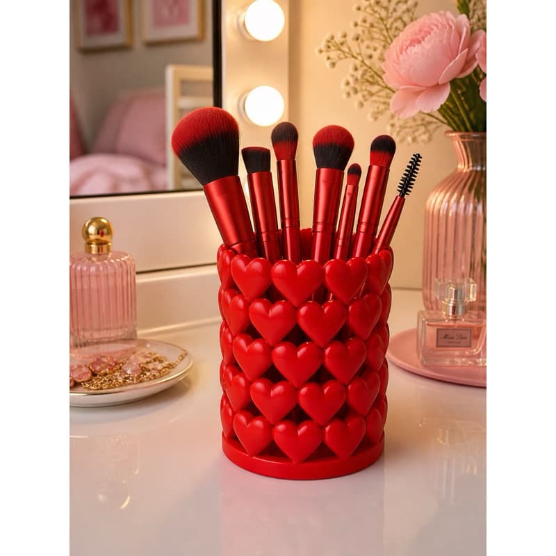 Porta Caneta Decorativo 3D com Corações – Organizador de Mesa e Porta Pincel de Maquiagem