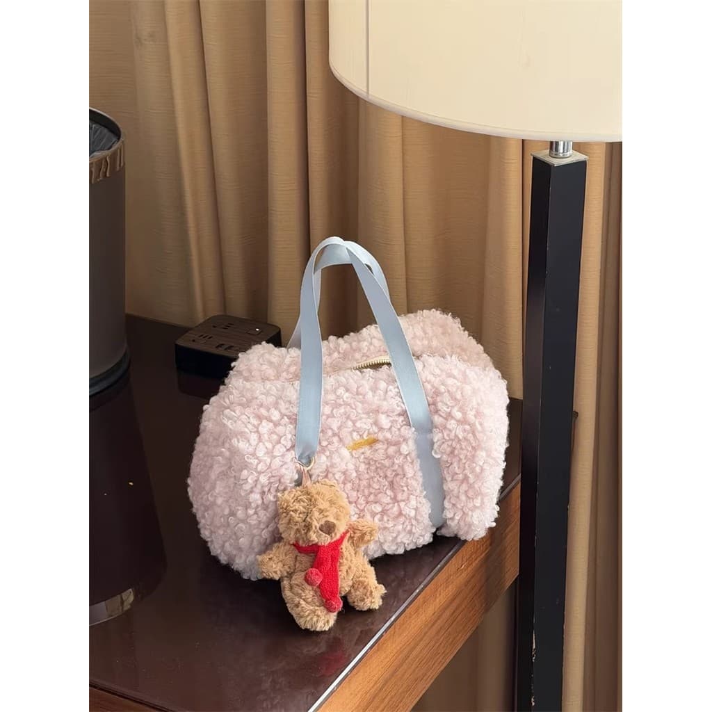 Abao-Caseiro Coreano ins Blogger Bonito Portátil Peludo Bolsa de Mão de Pelúcia Zíper