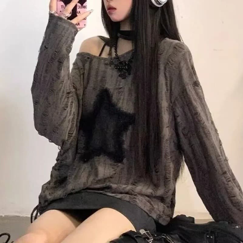 Camiseta Feminina Y2K com Estampa de Estrelas e Furos, Moda Streetwear, Tops Off Shoulder, Verão, Oversized, Kpop, Manga