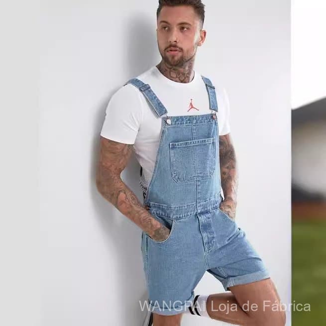 Calças jeans masculinas de cintura alta com suspensório curto