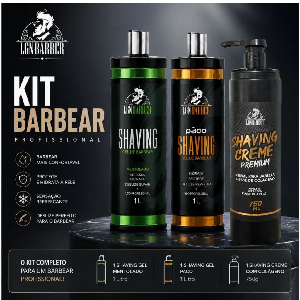 Kit para Barbearias - 1 Shaving Gel Menthol 1L +1 Shaving Gel Pco 1L +Shaving Creme 750g -LGN Barber