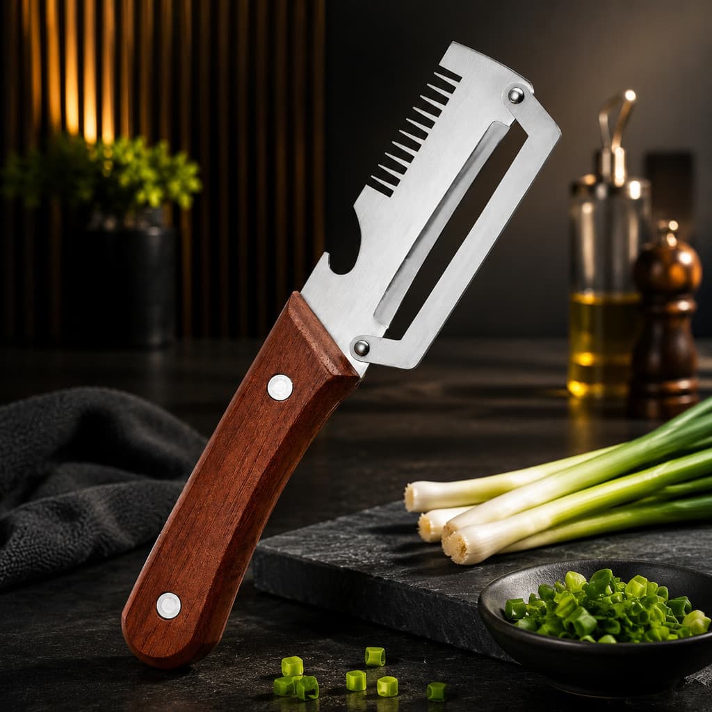 Faca Multifuncional para Descascar com Cabo de Madeira e Aço Inoxidável, Cortador de Legumes para Cozinha Doméstica, Des