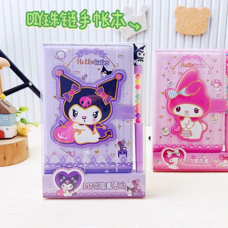 Caderno com Caneta de Corrente de Miçangas DIY, Tema Sanrio, Couro PU, Fecho Magnético, Material Escolar para Escola Pri