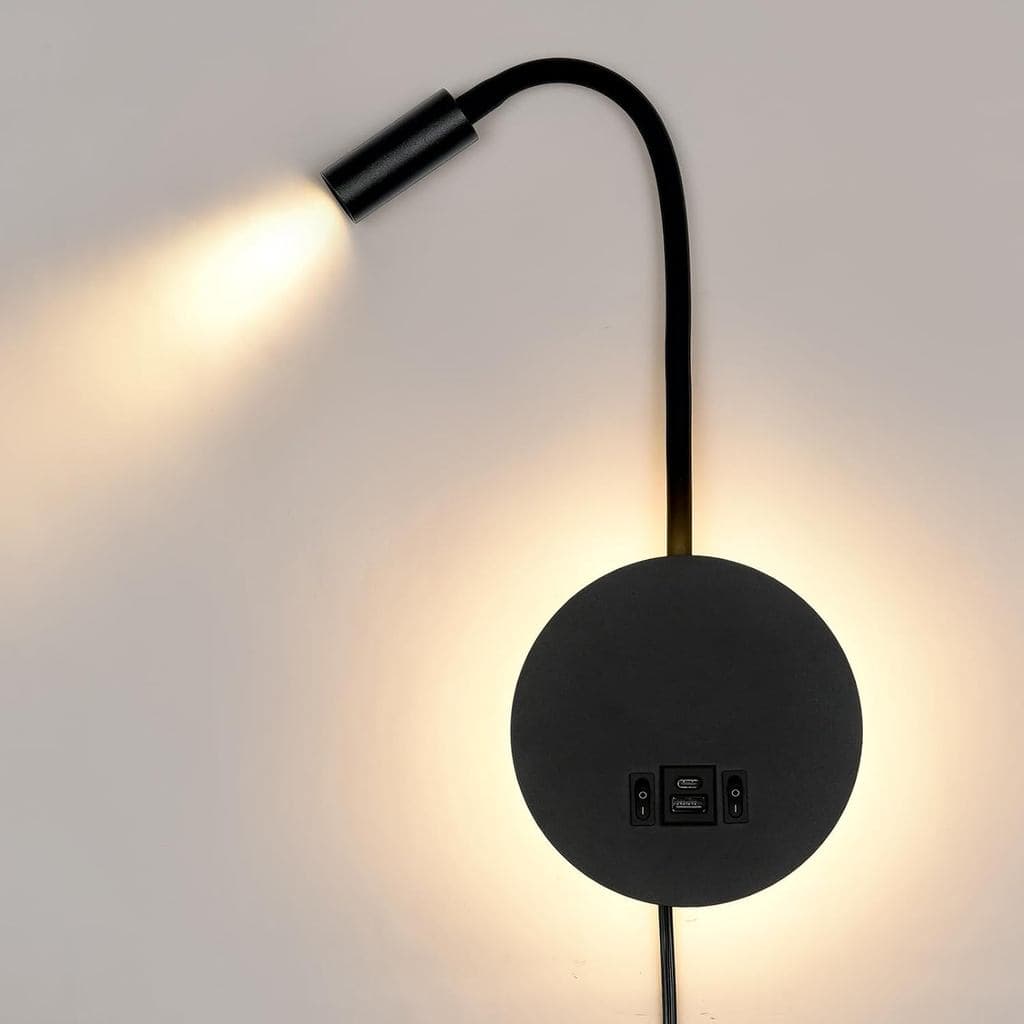 Luminária de Leitura Montada na Parede com Porta de Carregamento USB e USB-C, Luminária LED de Leitura para Cabeceira co