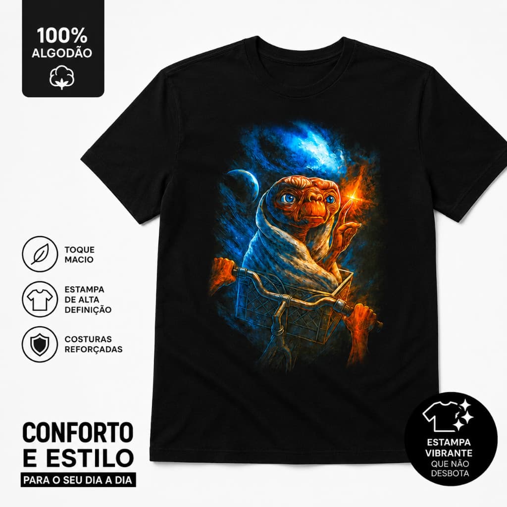 Camiseta ET Inspirada em Ficção Científica Estampa Full Print Unissex 100% Algodão Preta e Azul Marinho Adulto Infantil