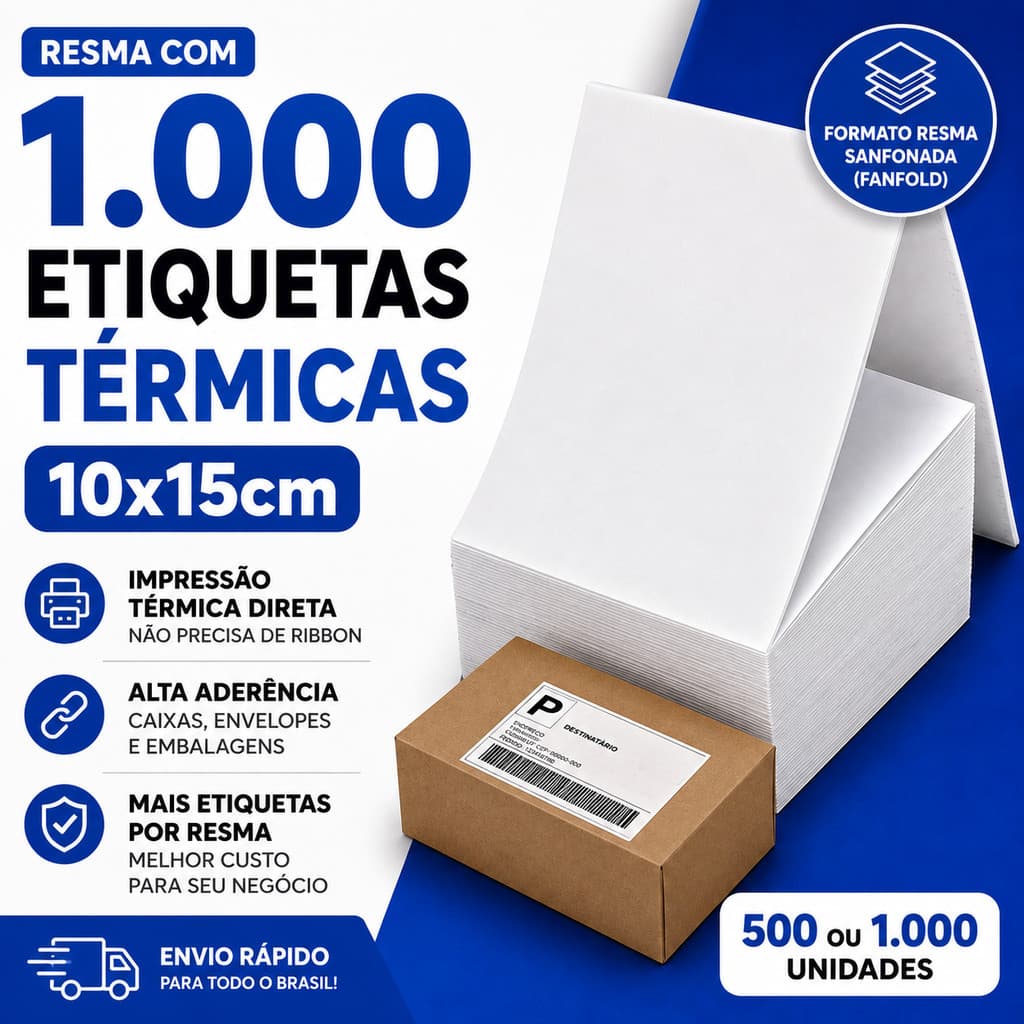 Etiquetas Térmicas 10x15 Adesiva Resma Sanfonada Serrilhada Sem Ribbon 1000 Unidades Impressora