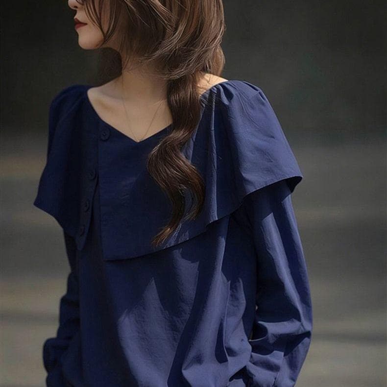 [Novidades] Camisa azul coreana com decote em V, manga comprida, temperamento sofisticado, Design simples, sensação fron