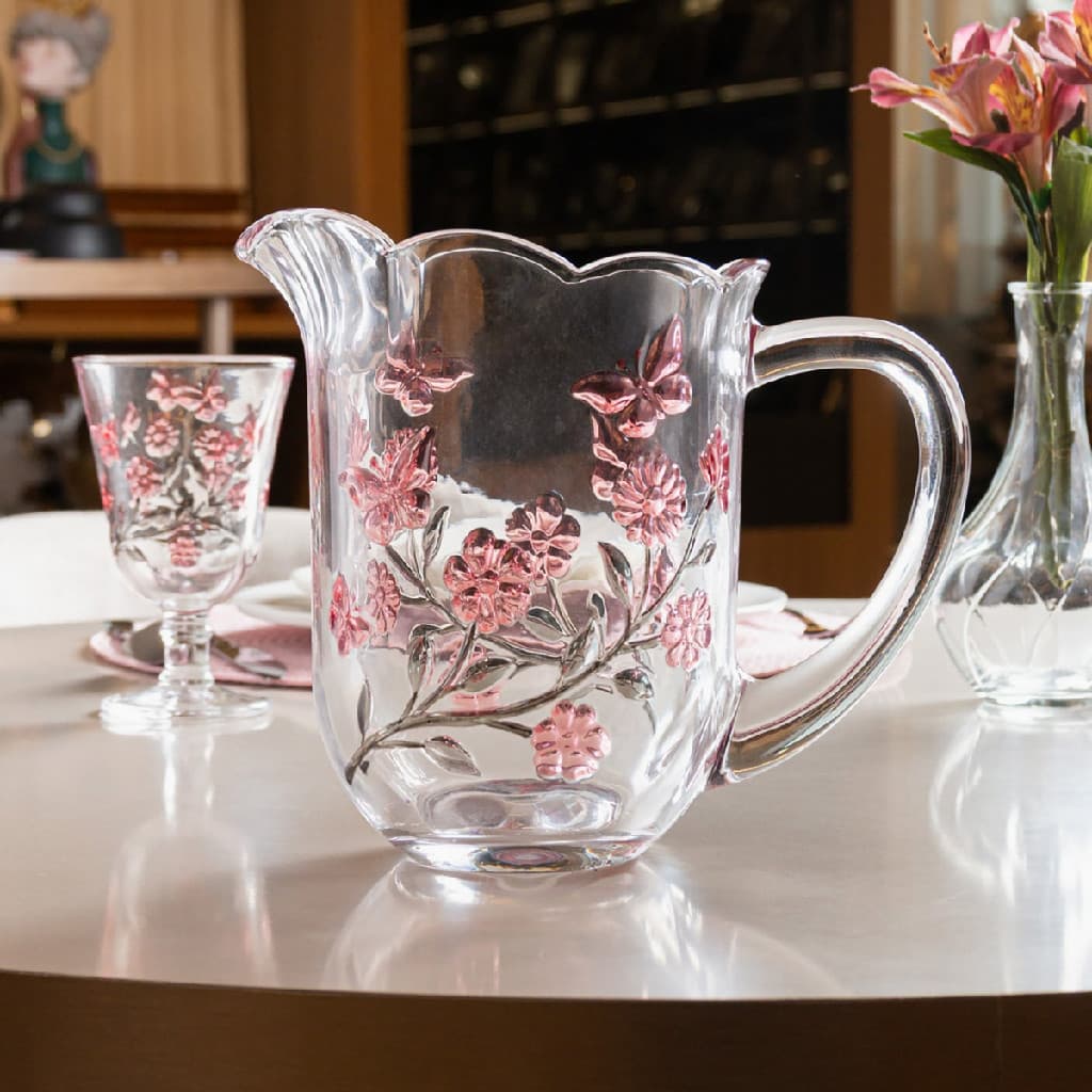 Jarra Lyor em Vidro Lys 1,5L Grande com Alça Mesa Posta Sucos Refrescos Drinks Flores Florzinha Flowers Decorada Luxo