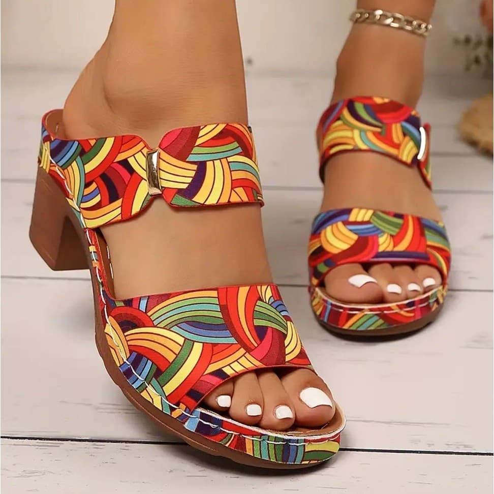 Graffiti tamanho grande salto alto Flip-Flops feminino fivela leve sandálias de salto grosso chinelos 7AT1