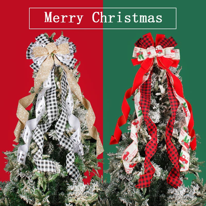 Laço grande para o topo da árvore de Natal, laço de fita longa de juta xadrez preto e branco, decoração festiva de Natal