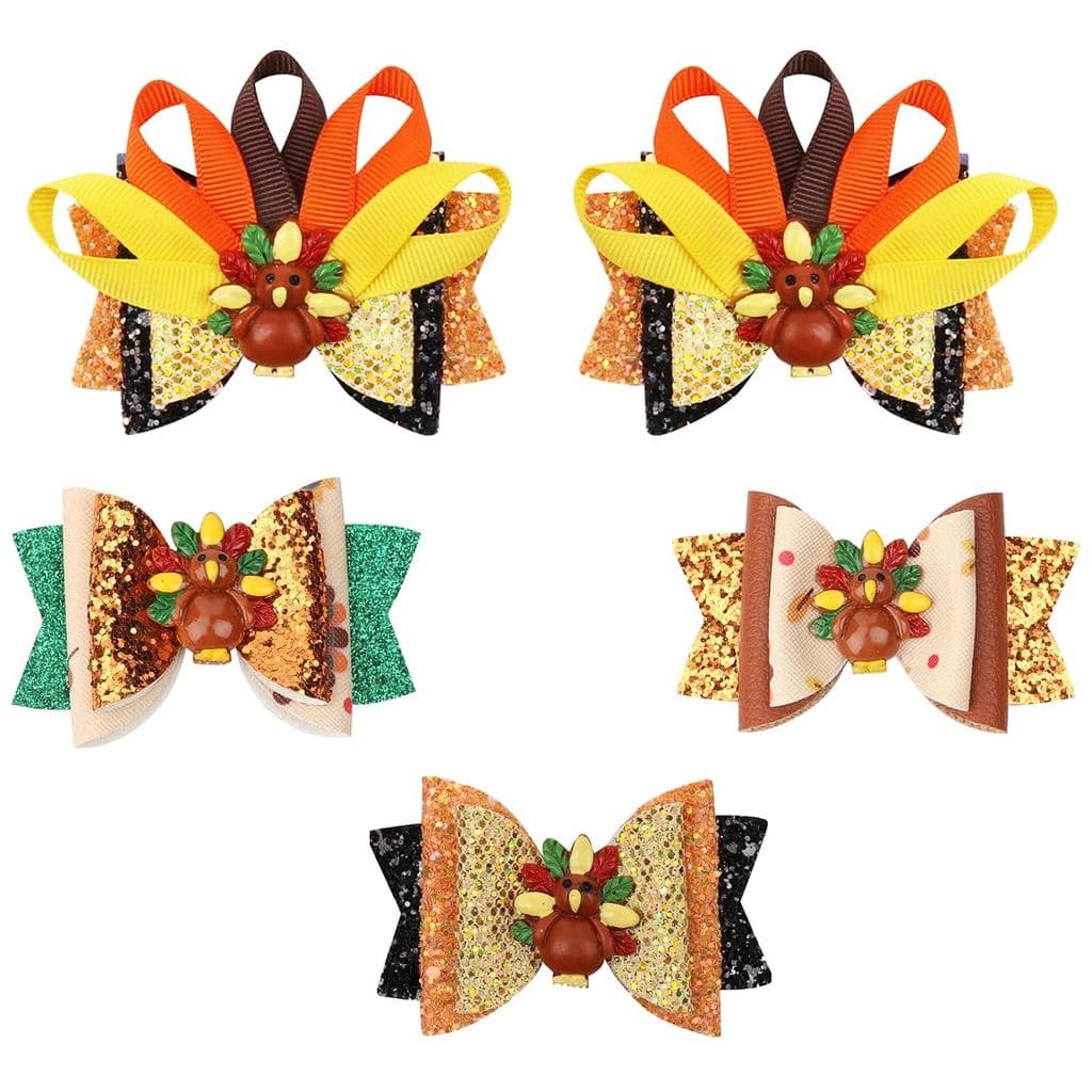 Whaline Large Thanksgiving Hair Bow Clip 5 Pack Glitter Turkey Bow Hair Barrette Seasonal Hair Hairgrips Bow Hairpin