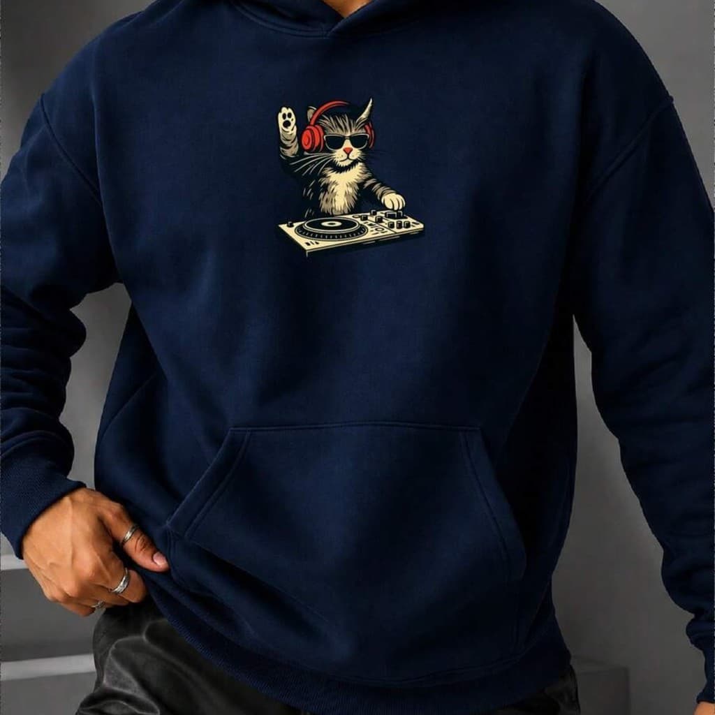 Moletom Masculino Estampado Gato DJ Rock Blusa de Frio 100% Algodão Com Bolso e Capuz Minimalista Unissex Feminino