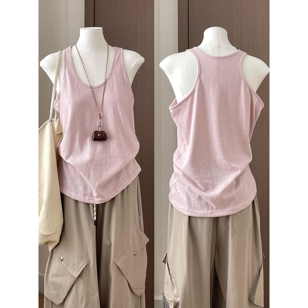 Regata feminina rosa, soltinha, respirável para o verão, com decote em U, estilo coreano, casual e modeladora.