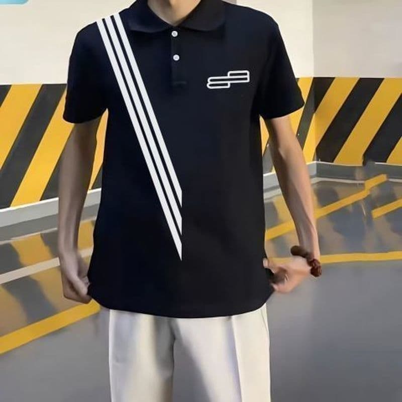 Lapela solta camisa espírito cara rua Wear ombro oblíquo três barras listras verão manga curta camiseta masculina