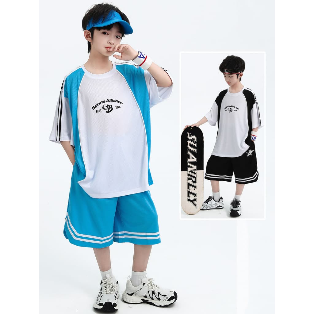 Meninos terno Shorts de manga curta roupas esportivas de verão 2026 novo estilo grandes meninos camisa de basquete de du