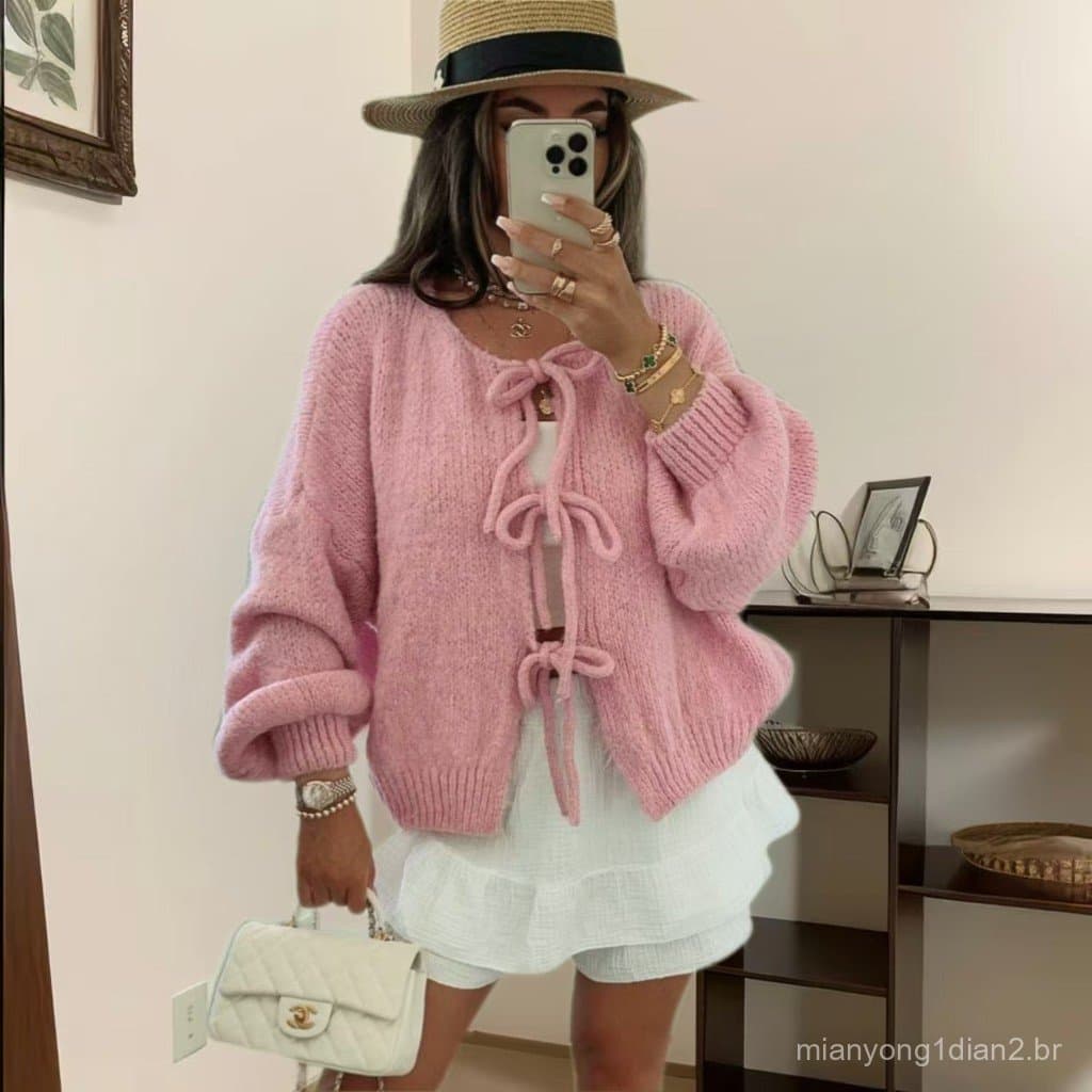 Em torno do pescoço rendas de malha Cardigan europeu americano Cross-Border outono inverno novo estilo cor sólida Commut