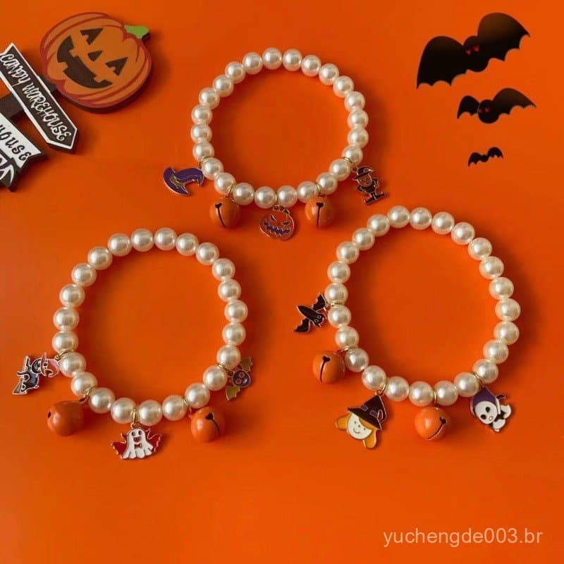 Colar de Pérolas para Festa de Halloween de Animais de Estimação, Coleira com Sino para Gatos e Cães, Acessórios de Fant