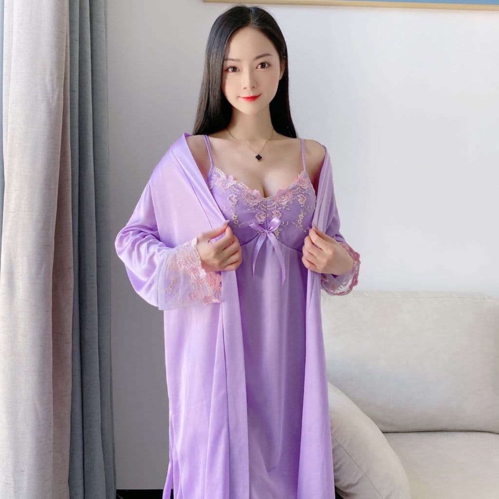 Pijamas femininos camisola de seda gelo pijamas de fadas com almofada no peito dois conjuntos exterior Wear rendas Homew
