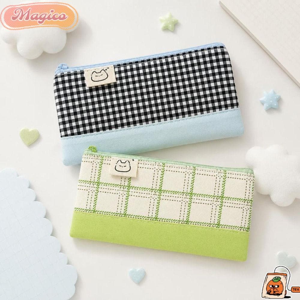 Lápis MAGICO , Bolsa De Papelaria Com Padrão Xadrez Para Estudantes Portátil Caneta De Grande Capacidade