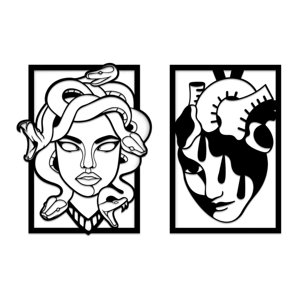 Conjunto de Quadros Decorativos Medusa e Coração Surreal em MDF Preto para Decoração Única